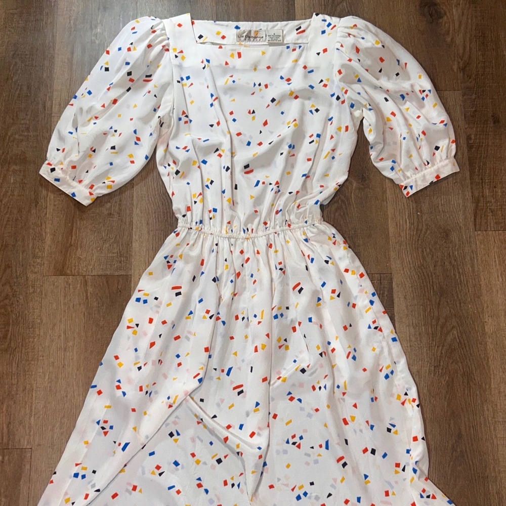 Liz Claiborne Vintage 80s Confetti Geometric Midi Puff Sleeve Romantic Dress Sz8